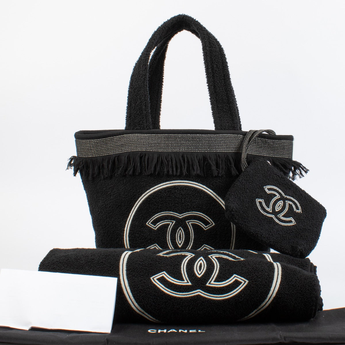 Authentic pre-loved Chanel Black CC Beach Bag with Pouch and Towel on Labellov.com