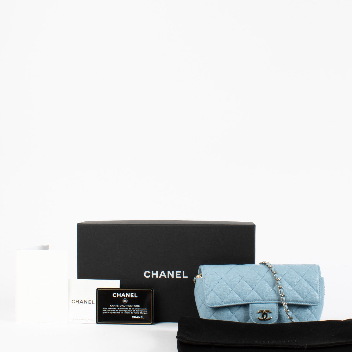 authentic preloved Chanel Baby Blue Glasses Case on a Chain on Labellov.com