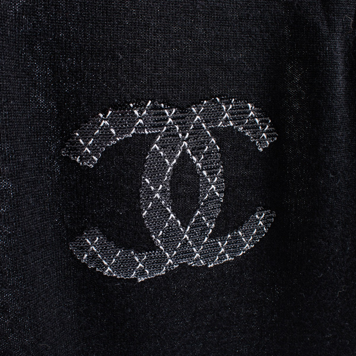 authentic preloved Chanel Black Cashmere Scarf With Sequin Logo on Labellov.com