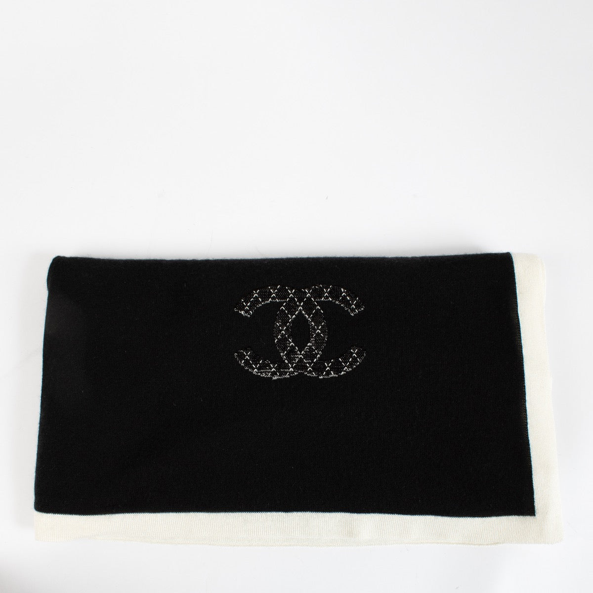 authentic preloved Chanel Black Cashmere Scarf With Sequin Logo on Labellov.com
