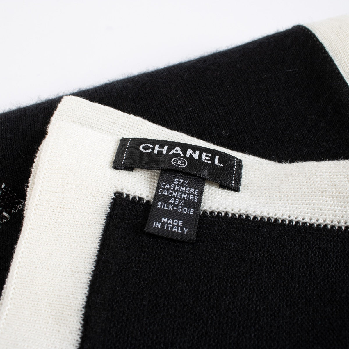 authentic preloved Chanel Black Cashmere Scarf With Sequin Logo on Labellov.com