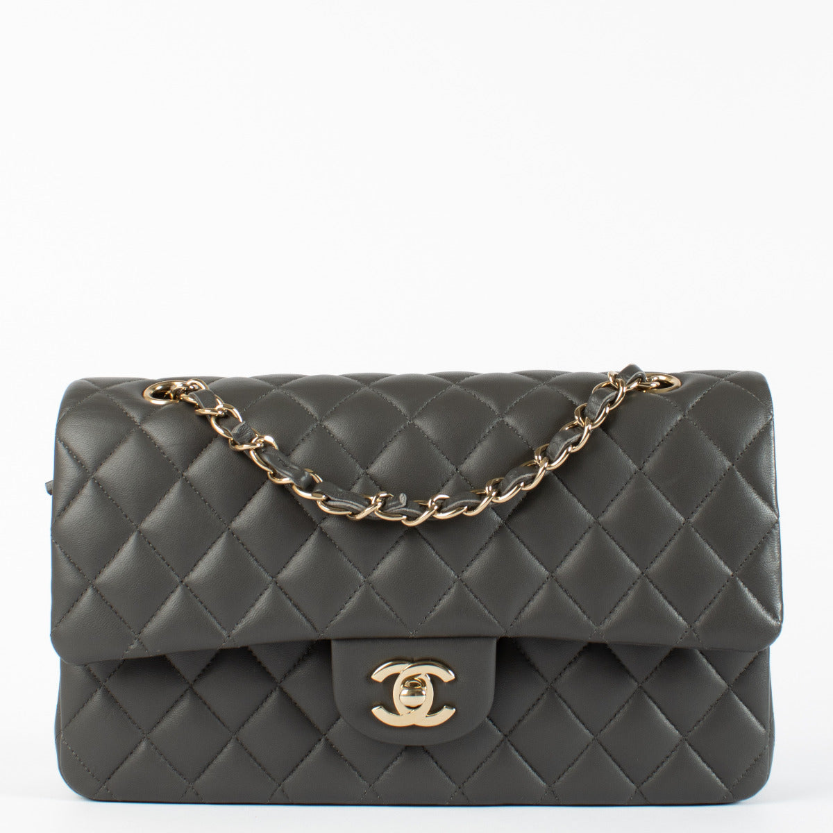 Chanel Classic Medium Grey Lambskin Champagne Gold Hardware