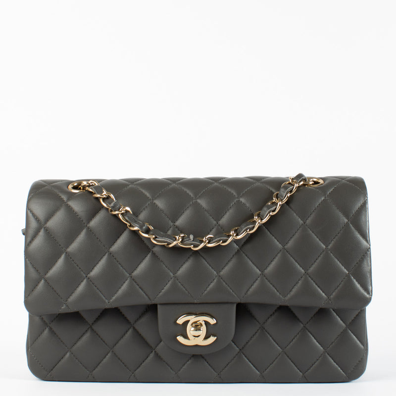 Chanel Classic Medium Grey Lambskin Champagne Gold Hardware