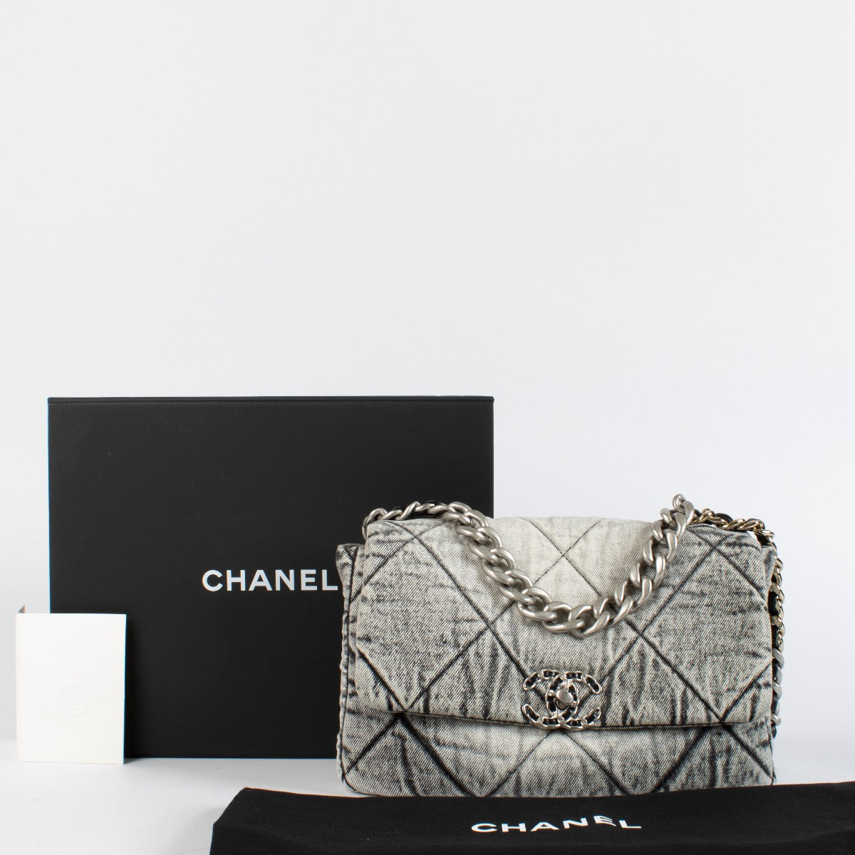 authentic preloved Chanel Grey Denim Medium Chanel 19 Bag on Labellov.com