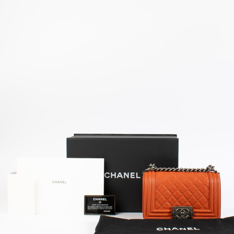 Authentic pre-loved Chanel Orange Caviar Small Chanel Boy Bag on Labellov.com