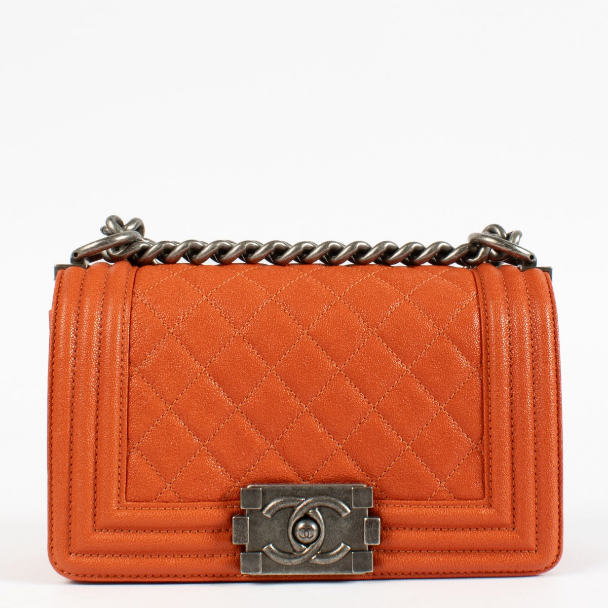 Authentic pre-loved Chanel Orange Caviar Small Chanel Boy Bag on Labellov.com