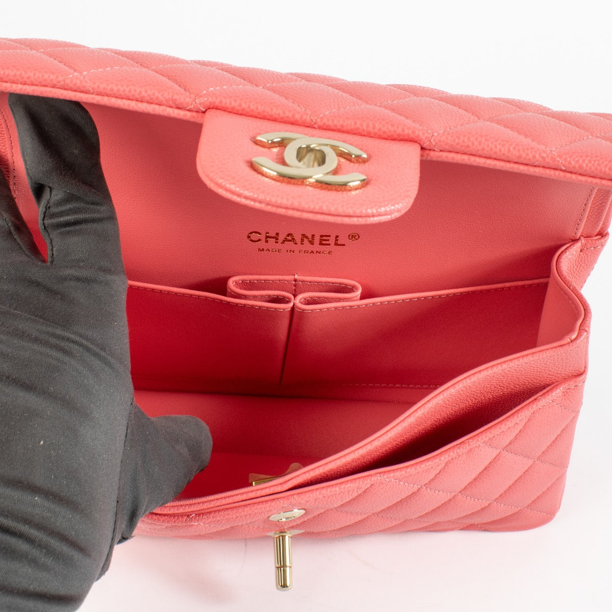 Authentic pre-loved Chanel Hot Pink Caviar Small Classic Handbag on Labellov.com