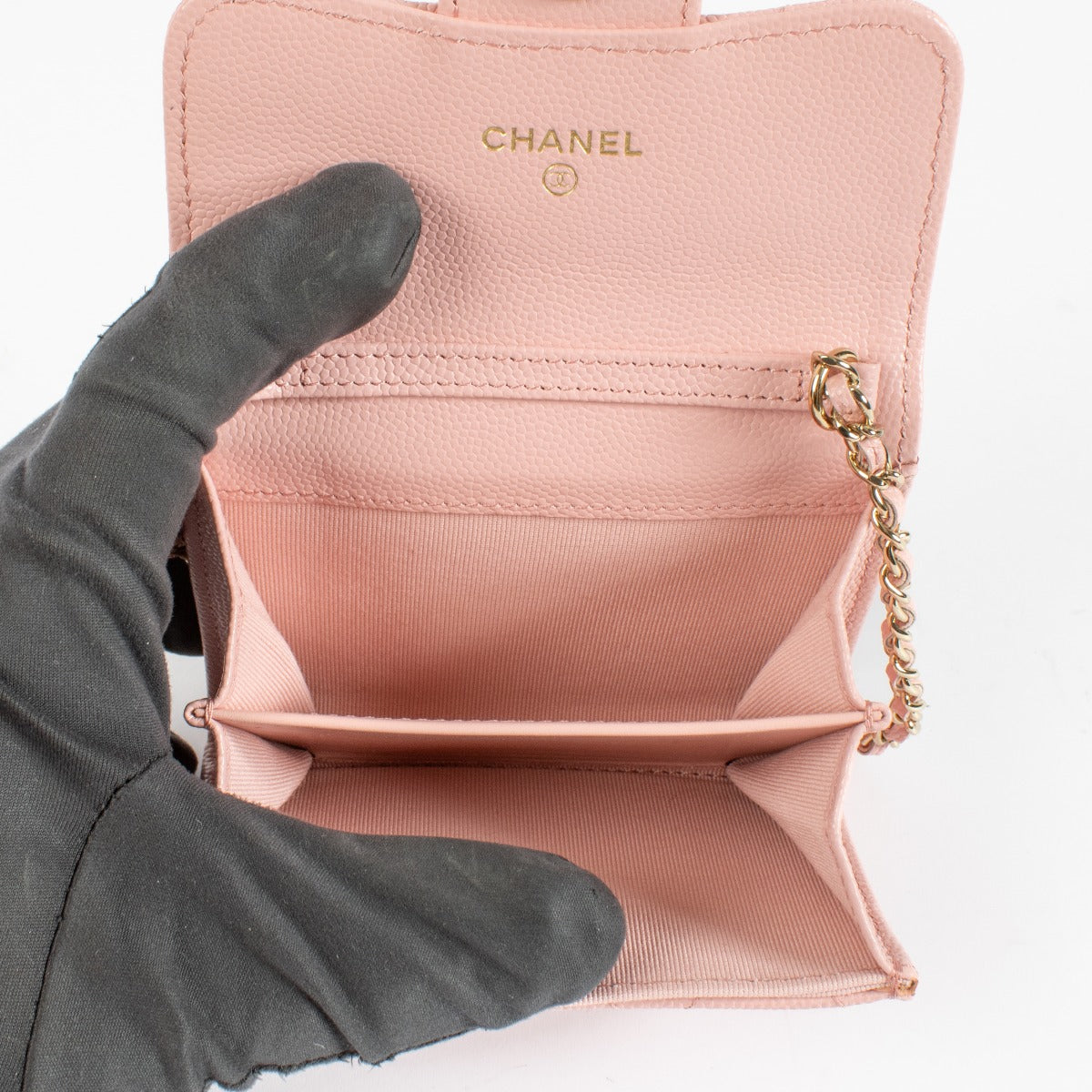 Authentic pre-loved Chanel Pink Caviar Classic Card Holder with Chain on Labellov.com