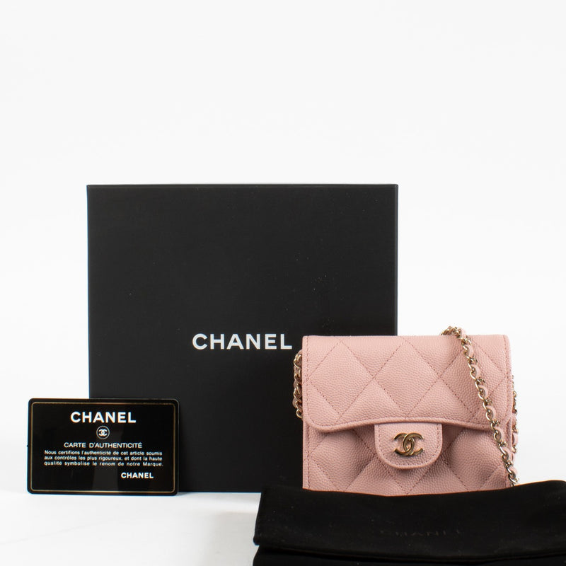Authentic pre-loved Chanel Pink Caviar Classic Card Holder with Chain on Labellov.com