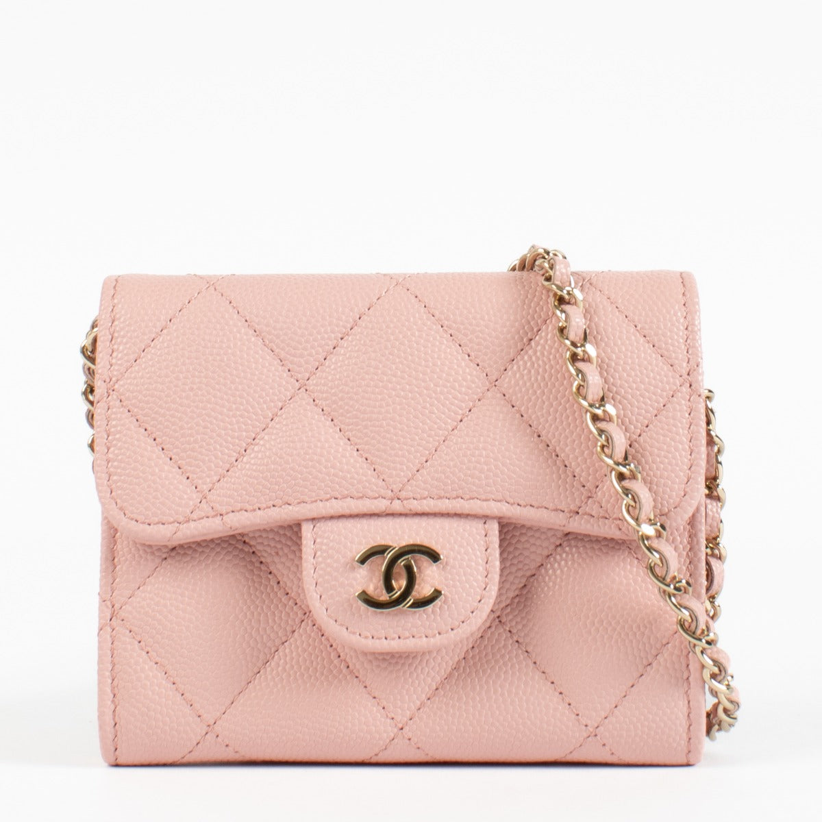 Authentic pre-loved Chanel Pink Caviar Classic Card Holder with Chain on Labellov.com