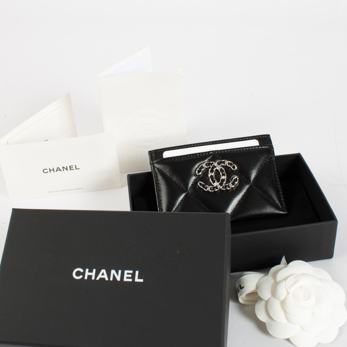 Chanel Black Shiny Lambskin Chanel 19 Card Holder