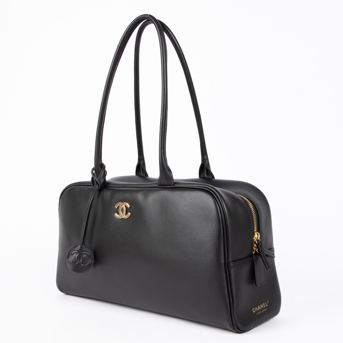 Authentic pre-loved Chanel Black Large Calfskin Bowling Shoulder Bag on Labellov.com