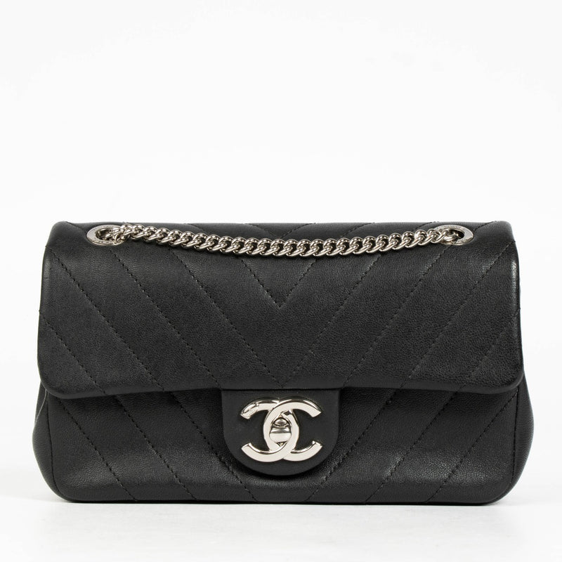 Authentic pre-loved Chanel Black Chevron Calfskin Mini Classic Rectangular Bag on Labellov.com