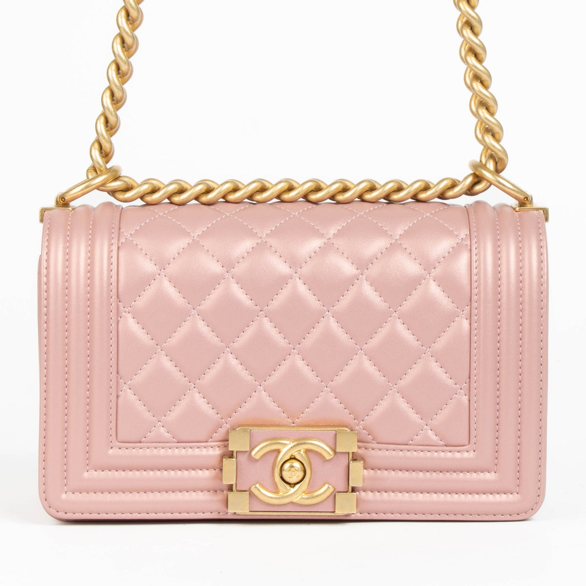 Authentic Chanel Pearly Pink Lambskin Small Boy Chanel Bag on Labellov.com