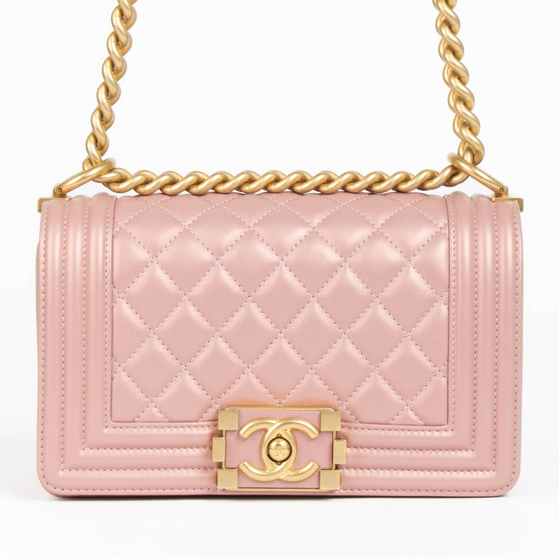 Authentic Chanel Pearly Pink Lambskin Small Boy Chanel Bag on Labellov.com