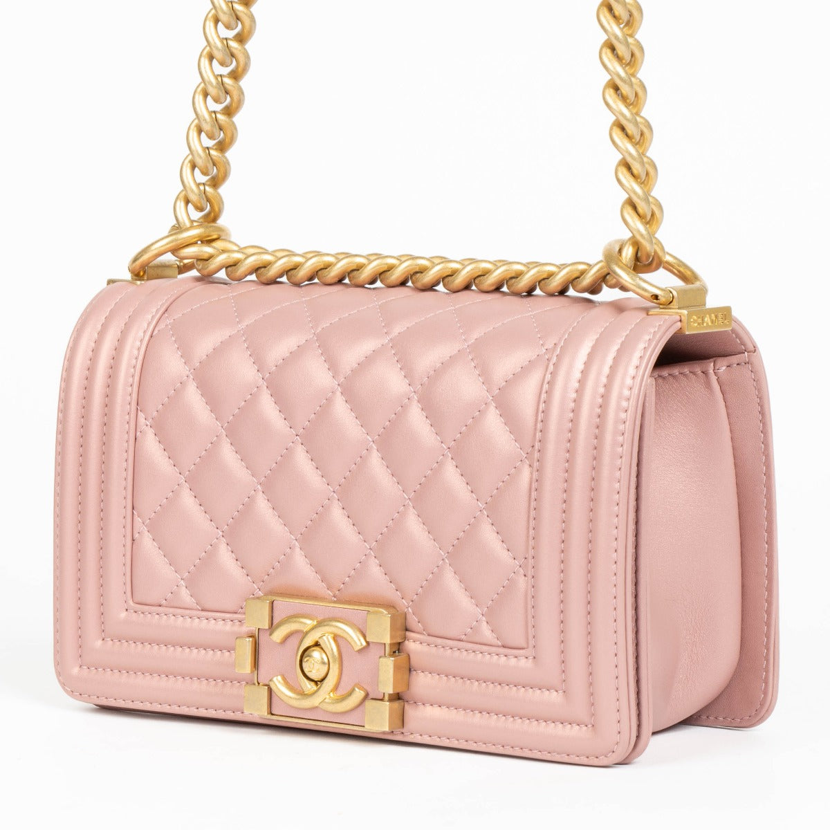 Authentic Chanel Pearly Pink Lambskin Small Boy Chanel Bag on Labellov.com
