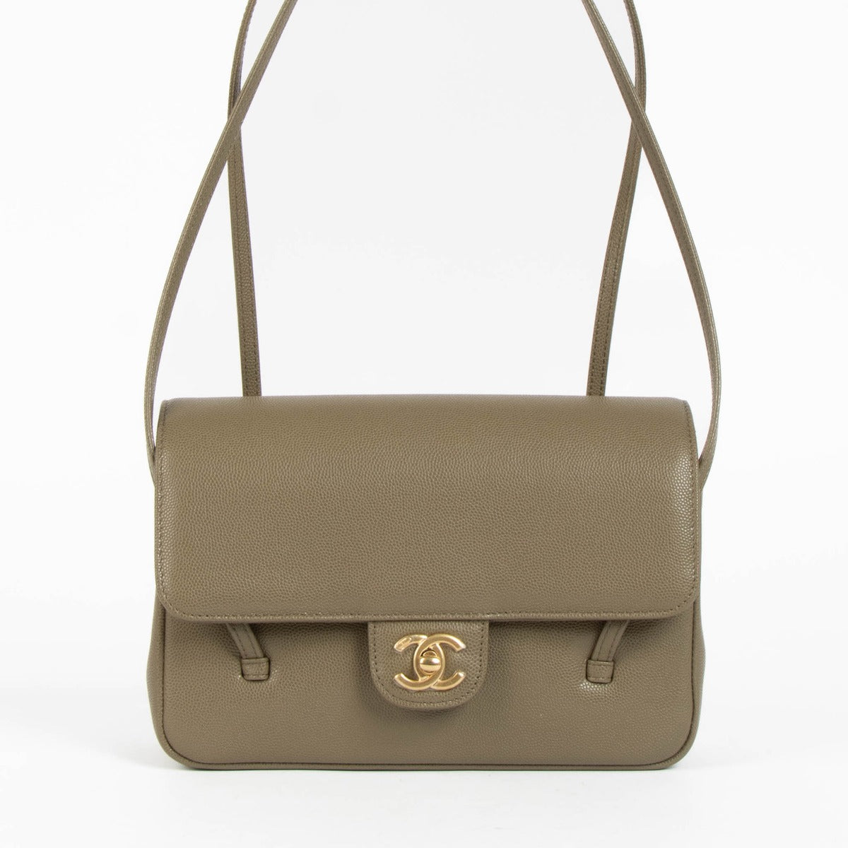 Sac à rabat Chanel Preppy Coco en Caviar kaki, petite taille