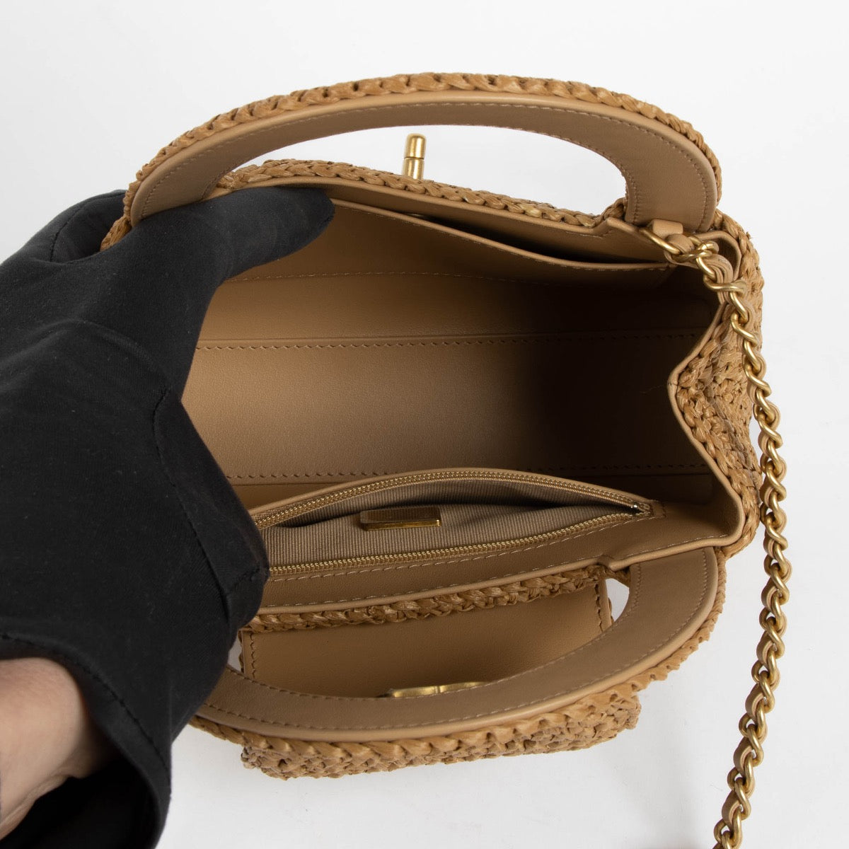 Shop safe online at Labellov in Antwerp, Brussels and Knokke this 100% authentic second hand Chanel Dark Beige Braided Raffia Kelly Nano Bag