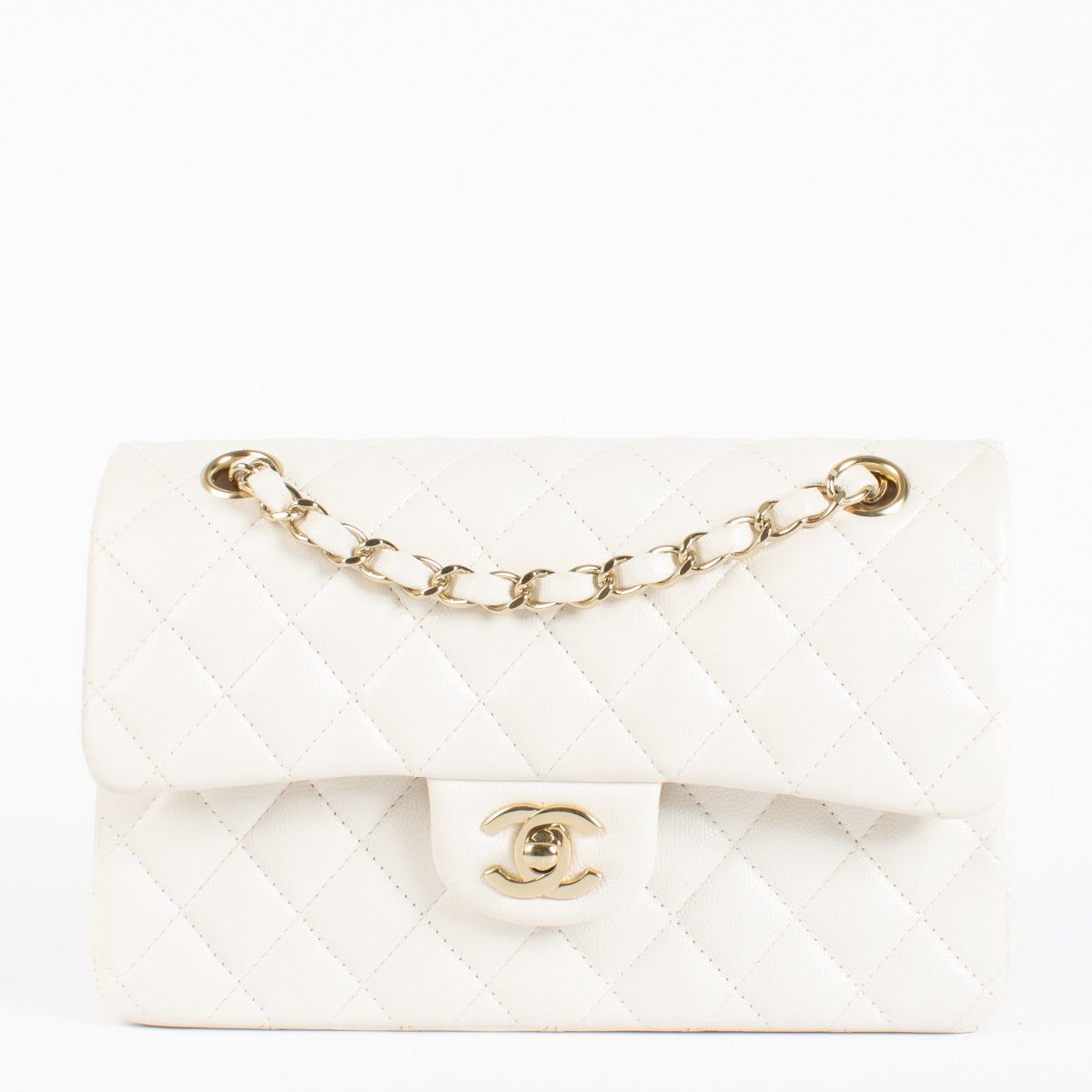 Authentic pre-loved Chanel Small White Caviar Classic Flap Bag on Labellov.com