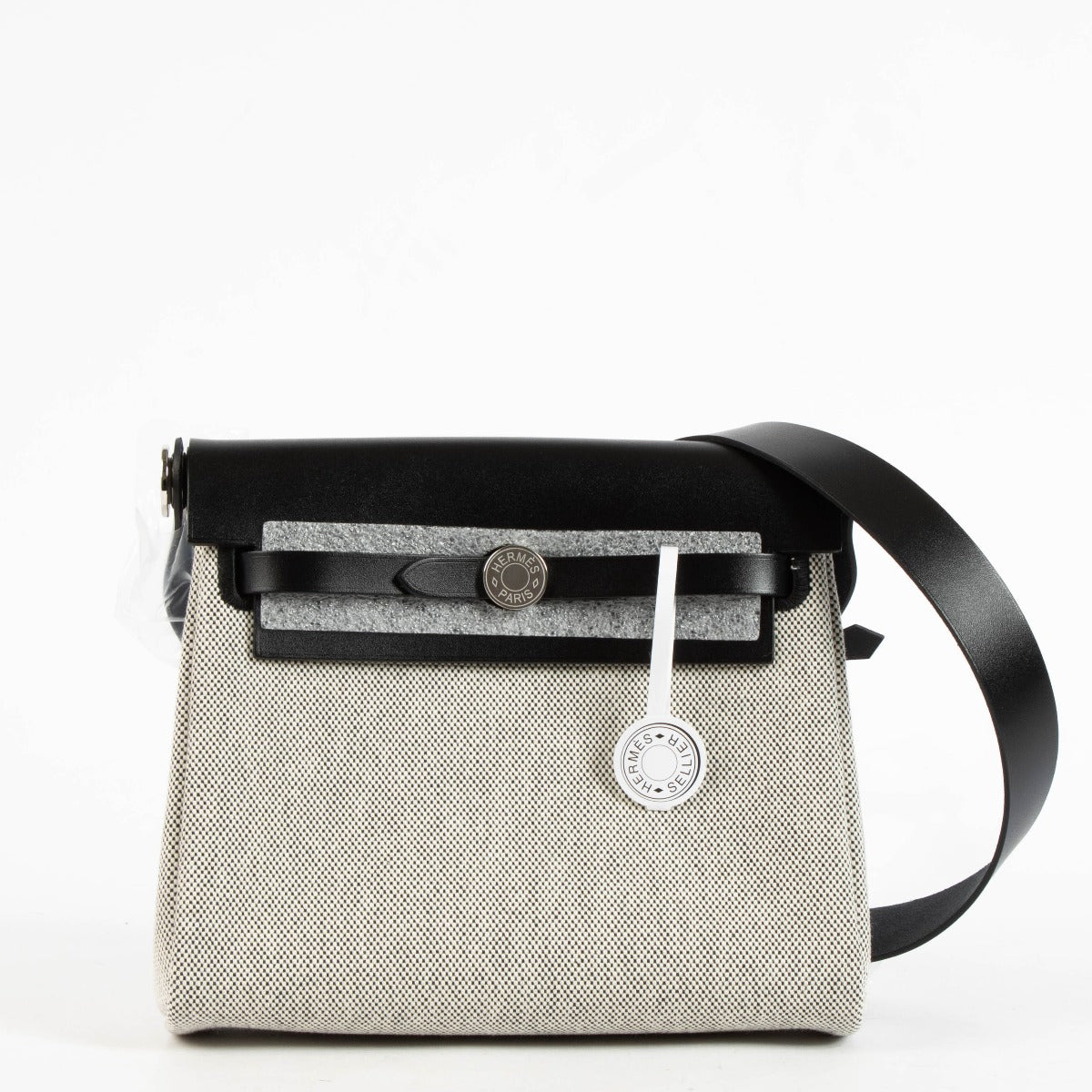 Hermès Herbag Zip 20 Mini Écru/Noir Toile H Viking/Hunter Finition Palladium