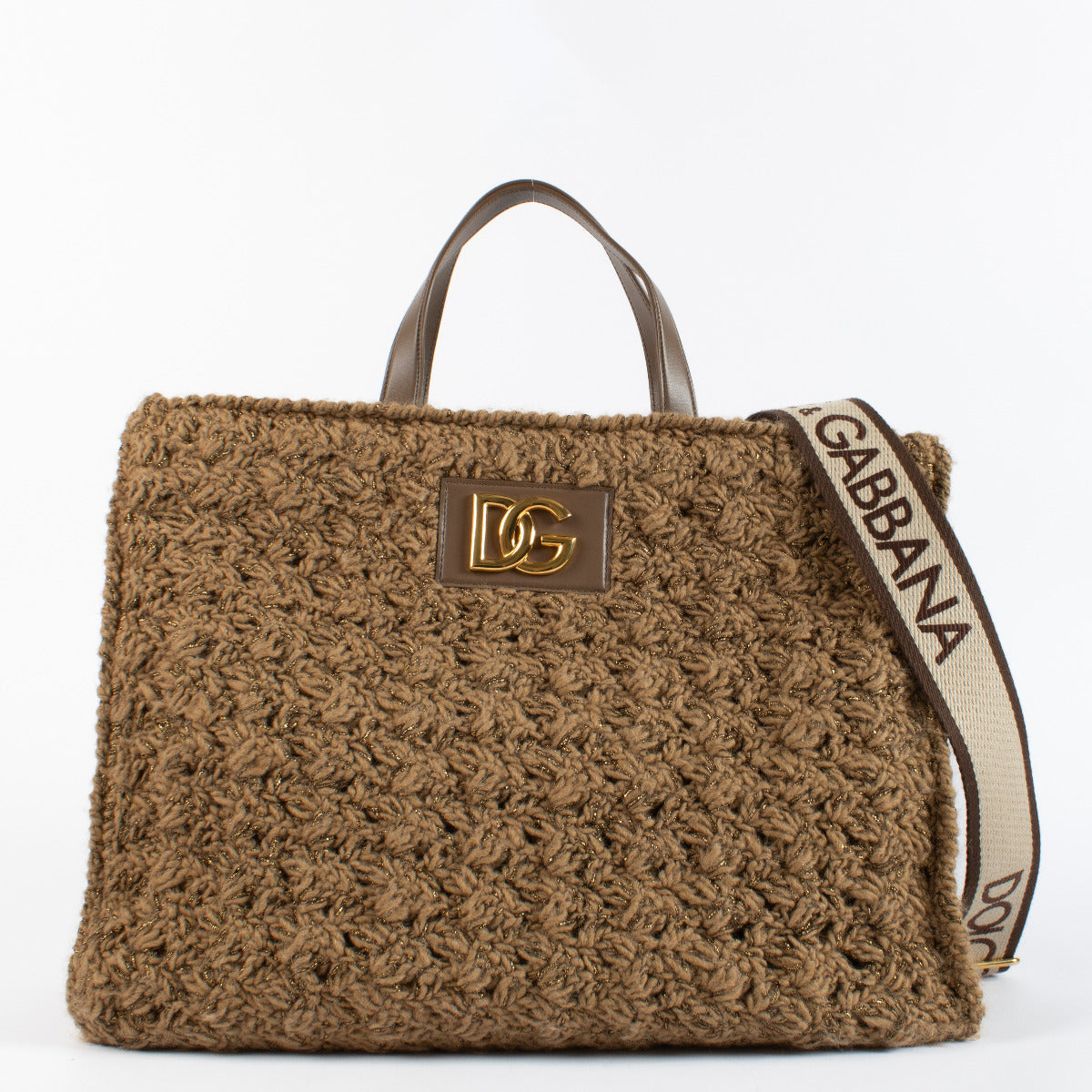 Dolce & Gabbana Brown Knit Large Beatrice Tote Bag