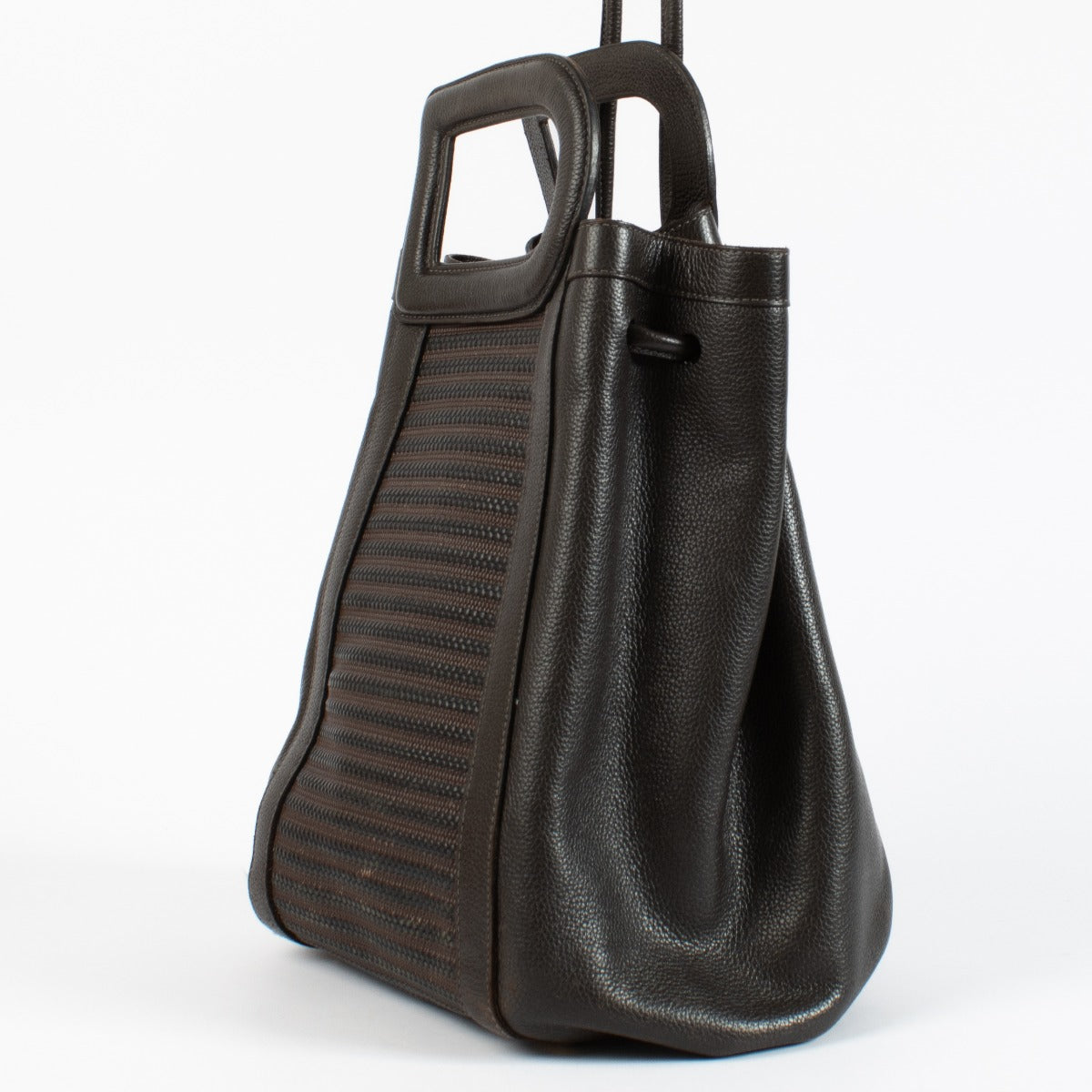 Delvaux Brown Leather Bag with woven front panel, gold-tone hardware and D-shaped handles at Labellov.com