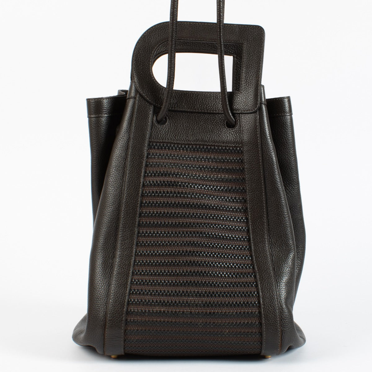Delvaux Brown Leather Bag with woven front panel, gold-tone hardware and D-shaped handles at Labellov.com