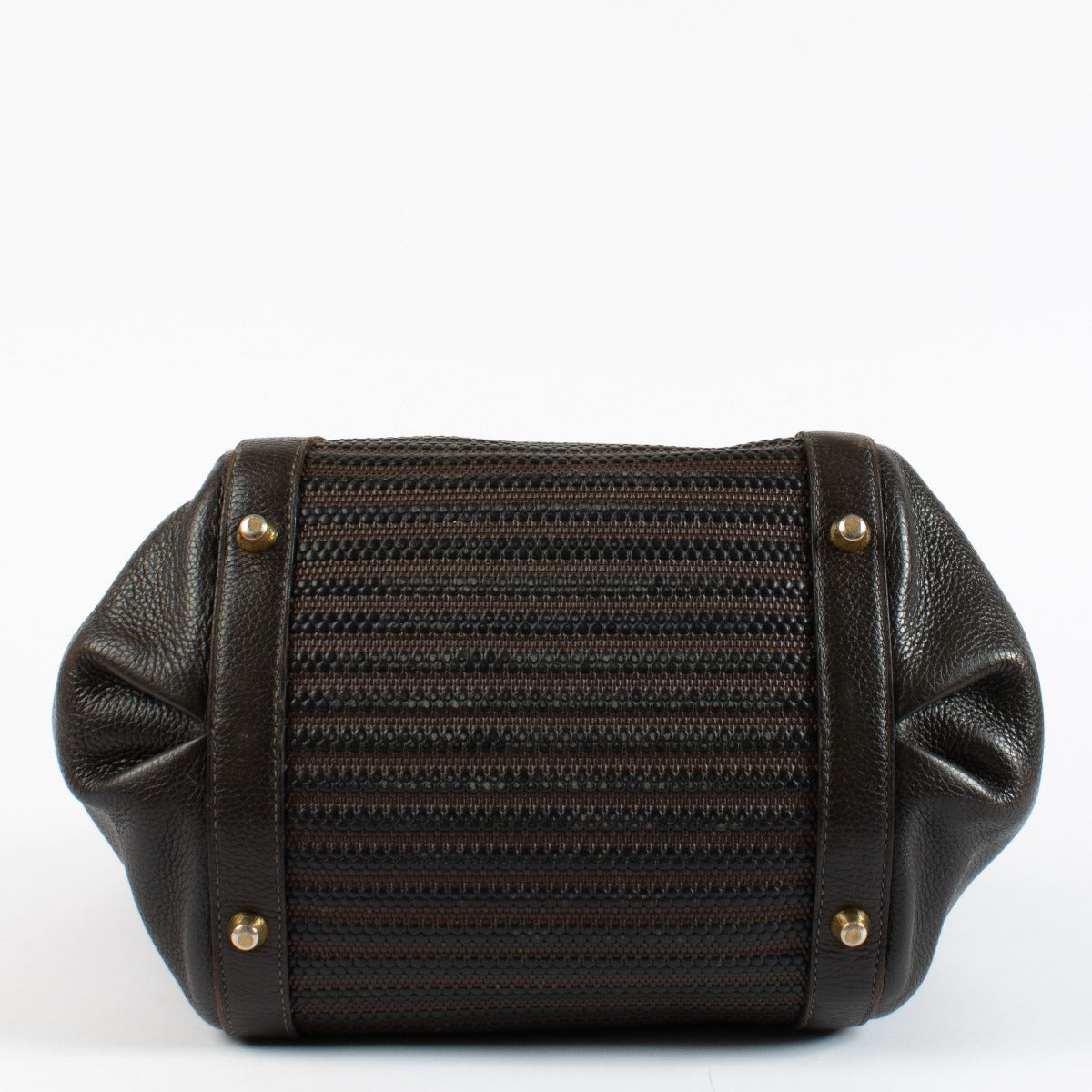 Delvaux Brown Leather Bag with woven front panel, gold-tone hardware and D-shaped handles at Labellov.com