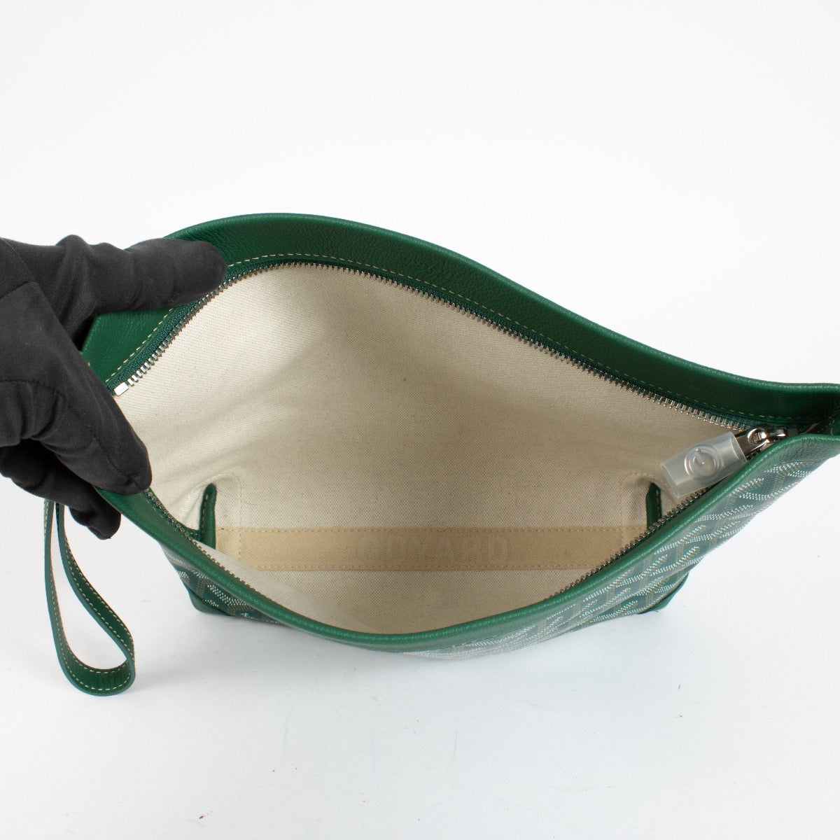 Authentic Goyard Saint Louis green Goyardine clutch in very good condition at Labellov.com.