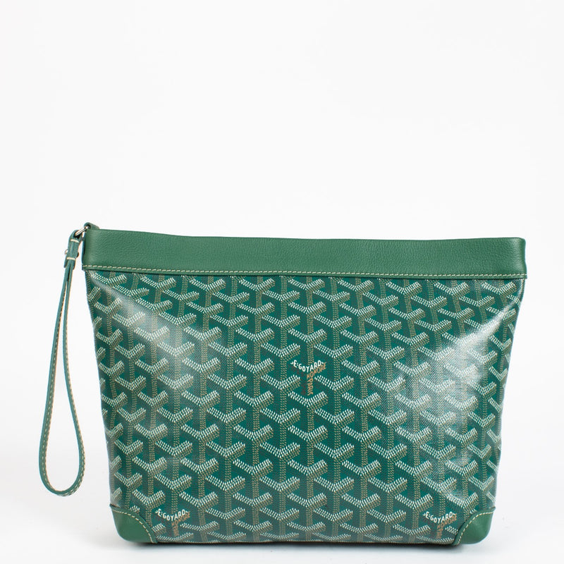Authentic Goyard Saint Louis green Goyardine clutch in very good condition at Labellov.com.
