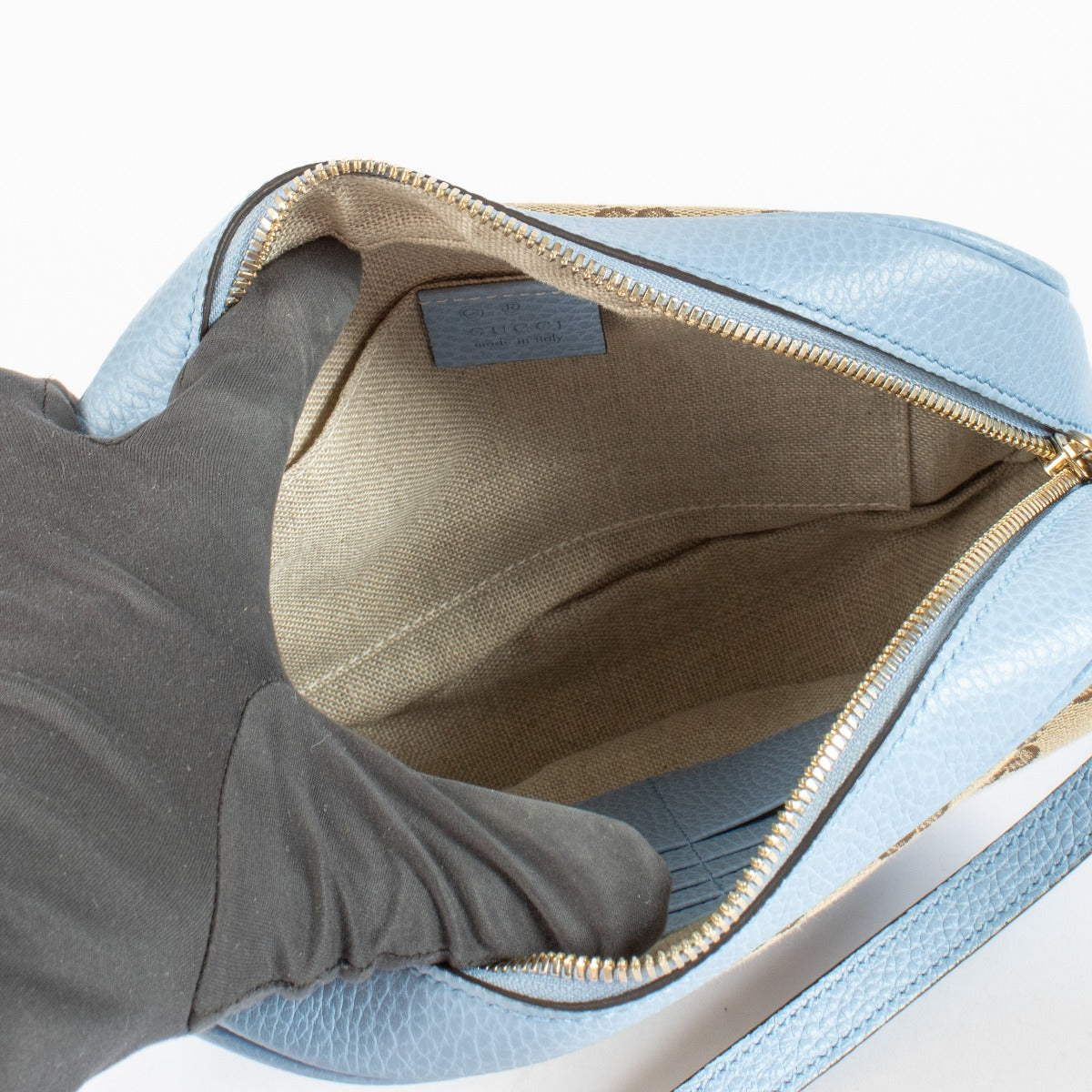 Authentic pre-loved Gucci Blue GG Canvas Camera Bag on Labellov.com
