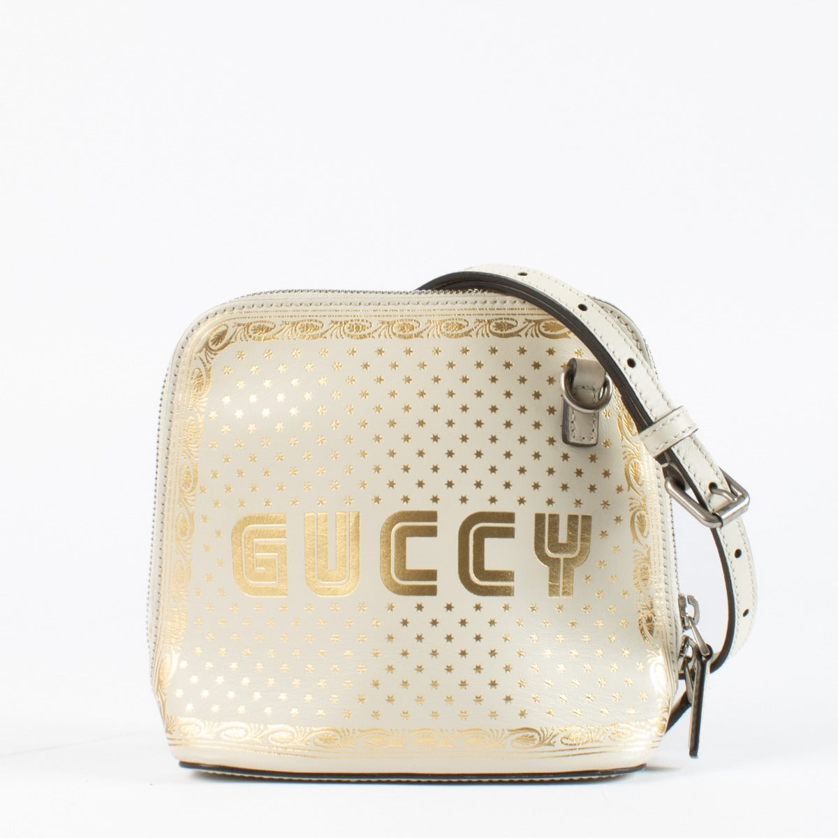 Authentic pre-loved Gucci X SEGA Calfskin GUCCY Stars Mini Dome Mystic White/ Gold Crossbody Bag on Labellov.com