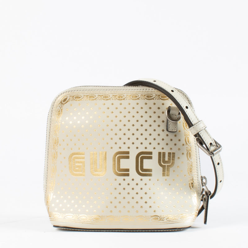 Authentic pre-loved Gucci X SEGA Calfskin GUCCY Stars Mini Dome Mystic White/ Gold Crossbody Bag on Labellov.com