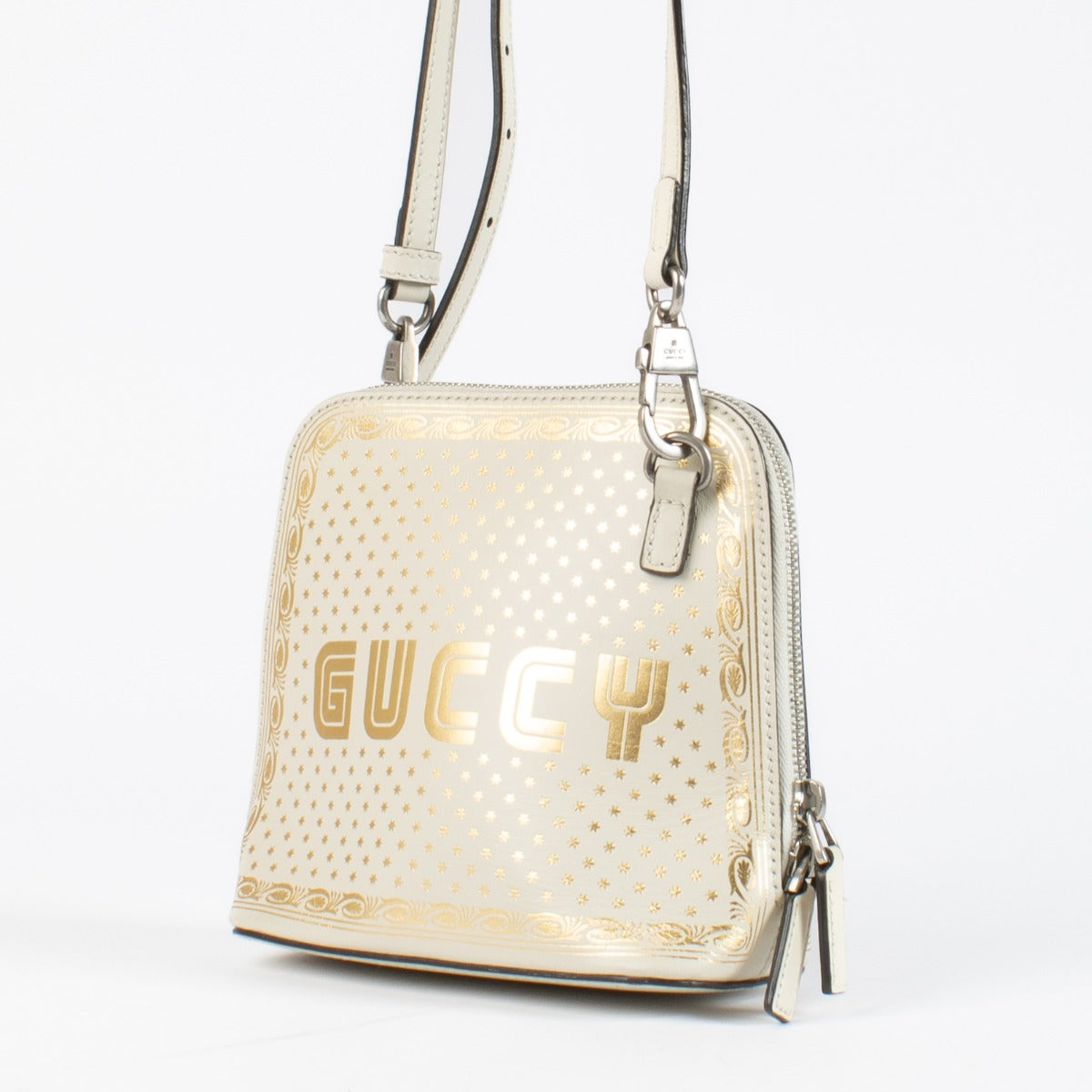 Authentic pre-loved Gucci X SEGA Calfskin GUCCY Stars Mini Dome Mystic White/ Gold Crossbody Bag on Labellov.com