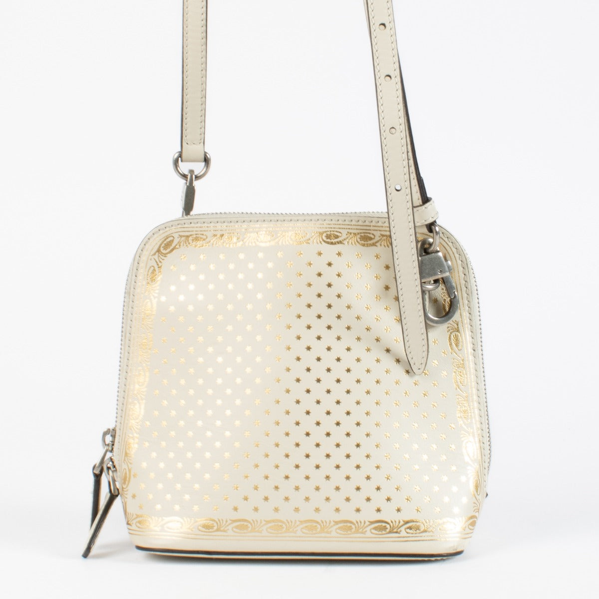 Authentic pre-loved Gucci X SEGA Calfskin GUCCY Stars Mini Dome Mystic White/ Gold Crossbody Bag on Labellov.com