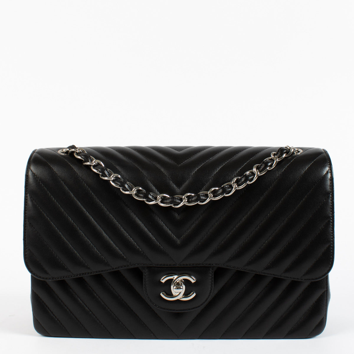 Chanel Jumbo Chevron Black Lambskin Double Flap Bag