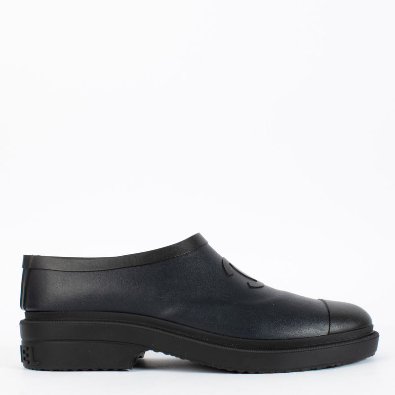 Authentic pre-loved Chanel Black Coco Mark Rubber Slip-On Shoes — Size 39 on Labellov.com