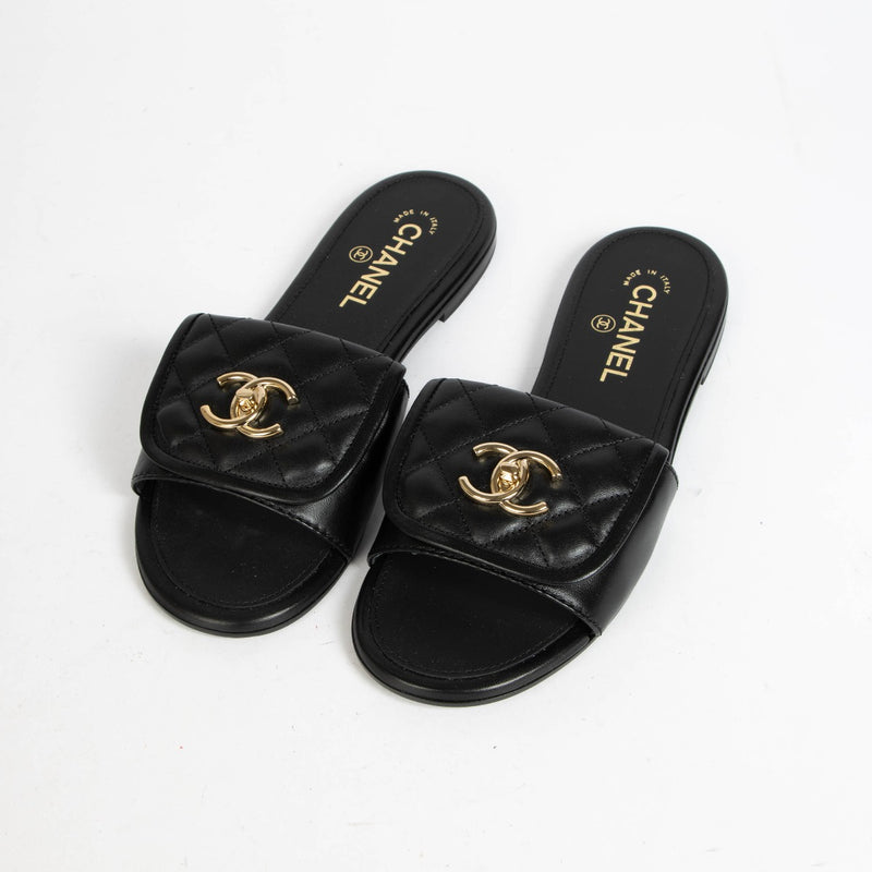 Shop 100% authentic Chanel Black Lambskin Quilted Turnlock Sandals Size 39 on Labellov.com