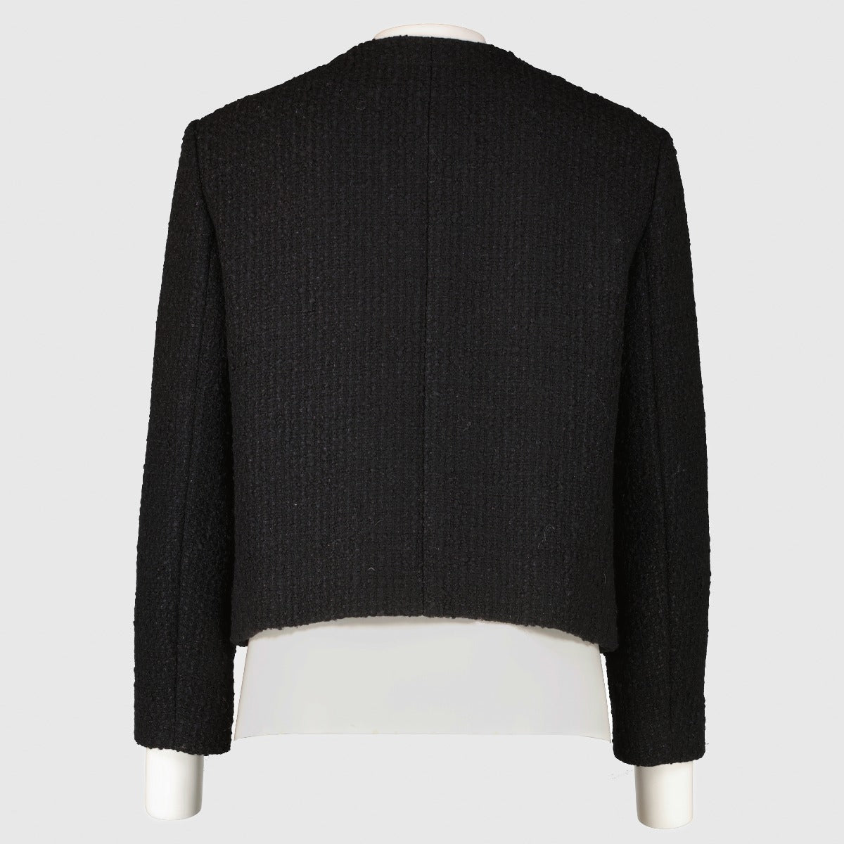 Authentic Celine Black Tweed Jacket with gold crest buttons in a luxurious wool blend at Labellov.com.