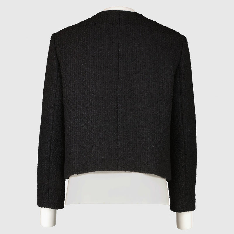 Authentic Celine Black Tweed Jacket with gold crest buttons in a luxurious wool blend at Labellov.com.