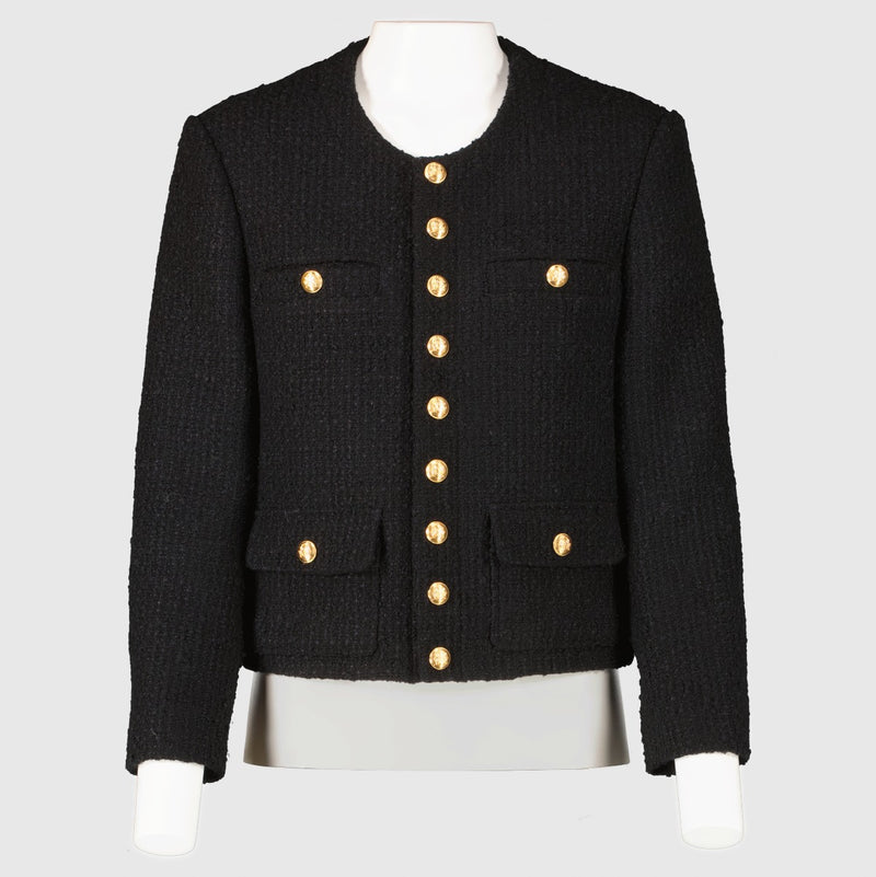 Authentic Celine Black Tweed Jacket with gold crest buttons in a luxurious wool blend at Labellov.com.