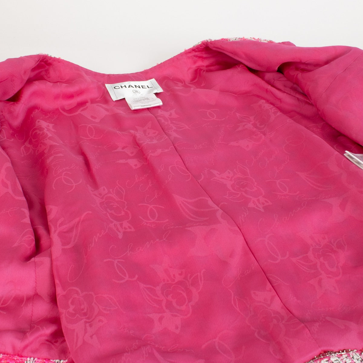 Chanel 14S Pink Tweed Belted Jacket - Size FR40