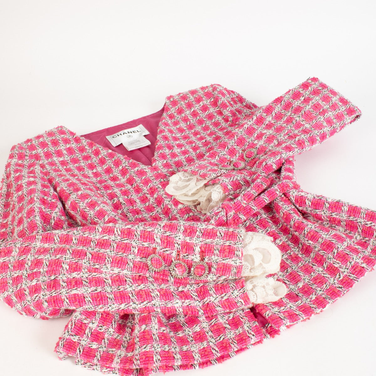 Chanel 14S Pink Tweed Belted Jacket - Size FR40