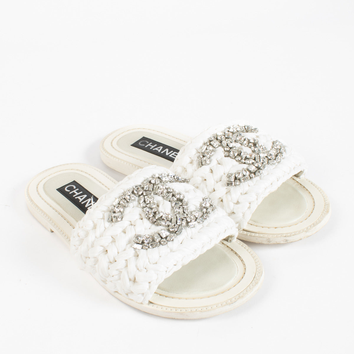 Chanel White Raffia Swarovski Slippers