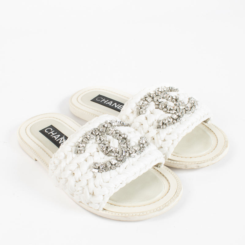 Chanel White Raffia Swarovski Slippers
