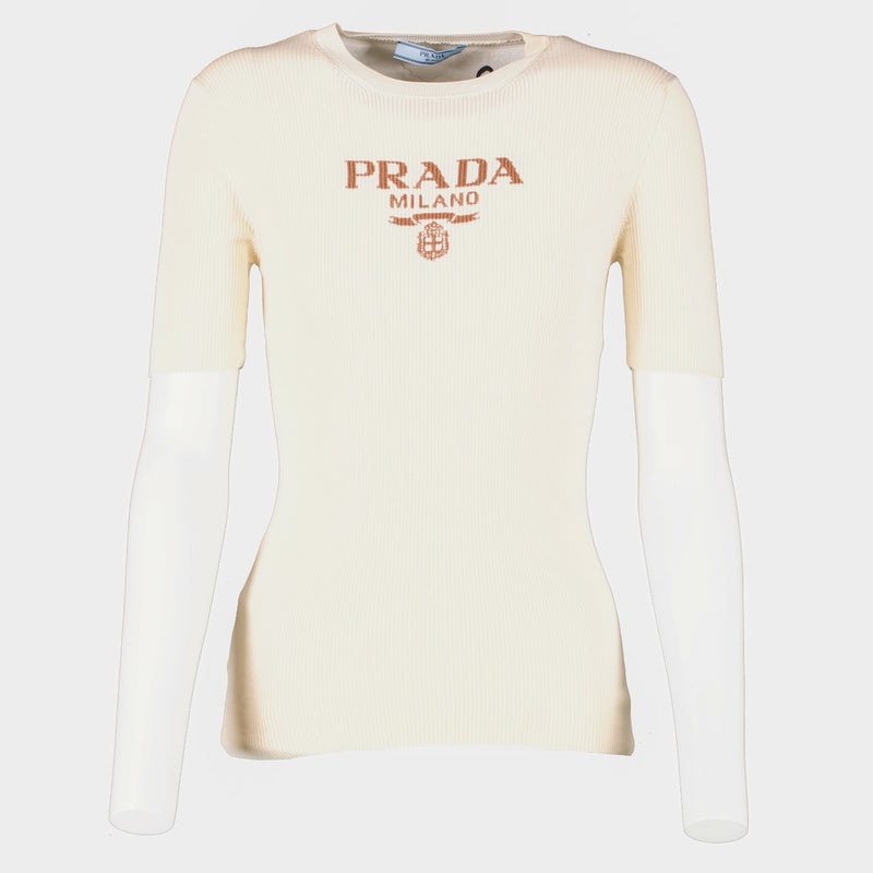 Prada Ivory Silk Crew-Neck Sweater With Logo - Size IT40