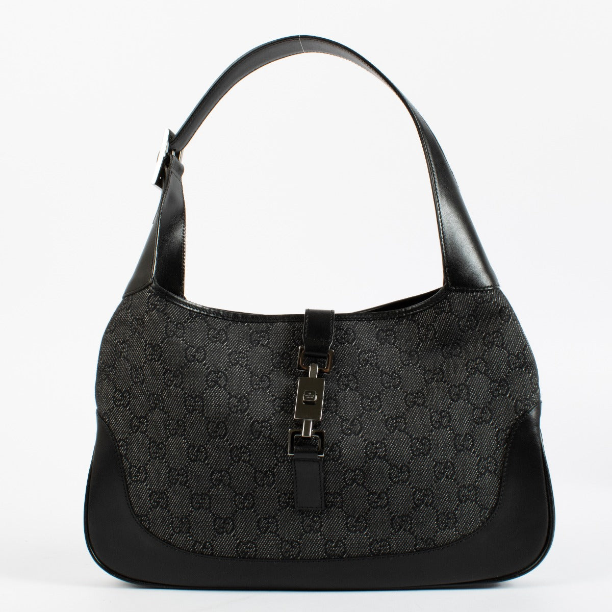 Authentic pre-loved Gucci Jackie Black GG Monogram Canvas Leather Shoulder Bag on Labellov.com