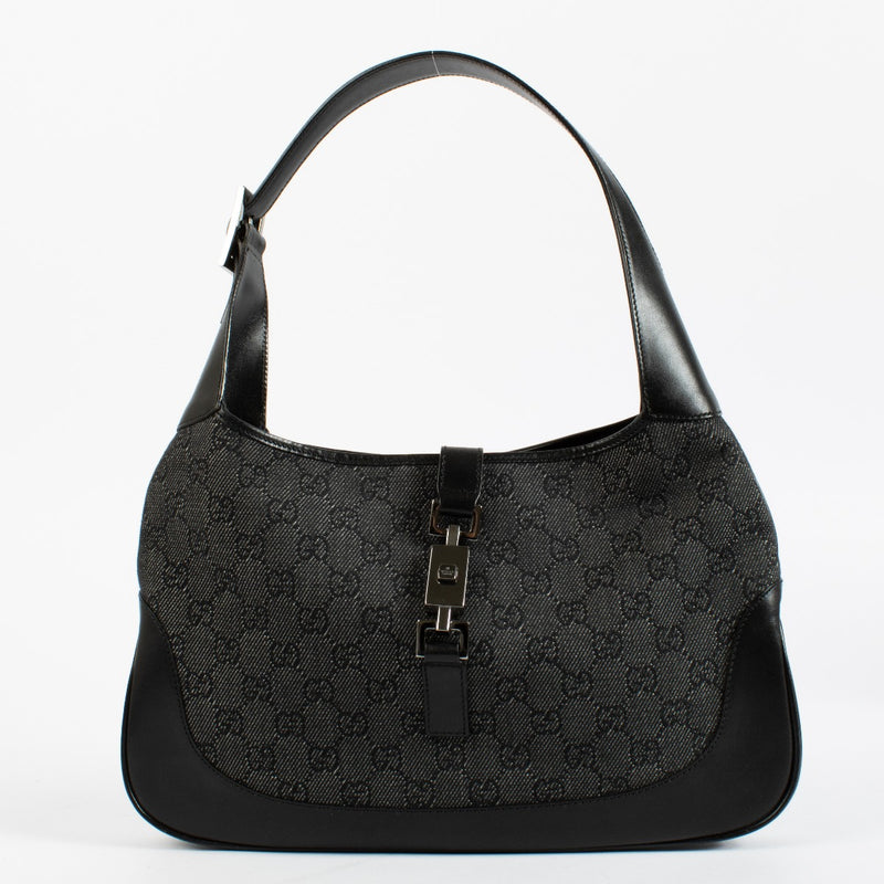 Authentic pre-loved Gucci Jackie Black GG Monogram Canvas Leather Shoulder Bag on Labellov.com