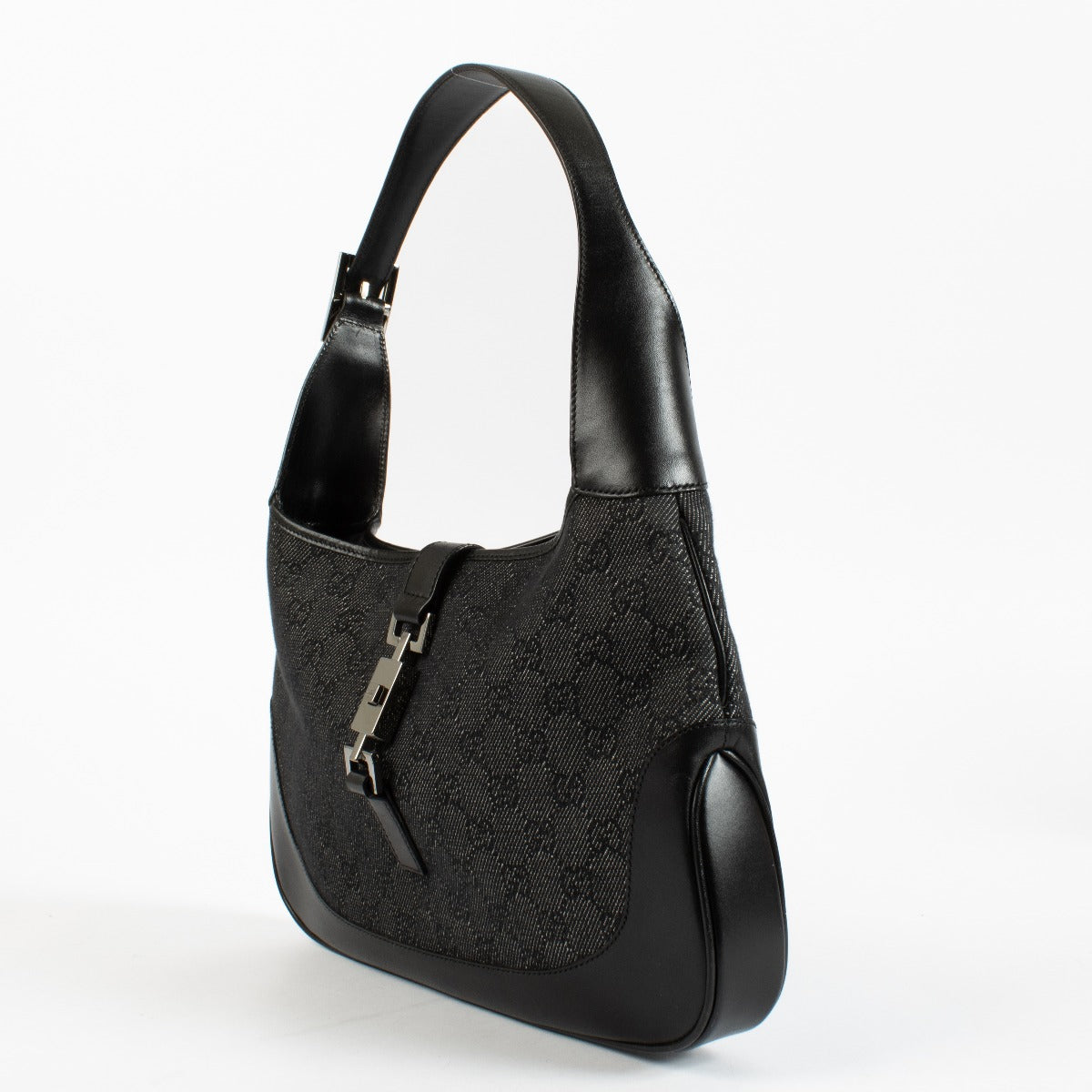 Authentic pre-loved Gucci Jackie Black GG Monogram Canvas Leather Shoulder Bag on Labellov.com