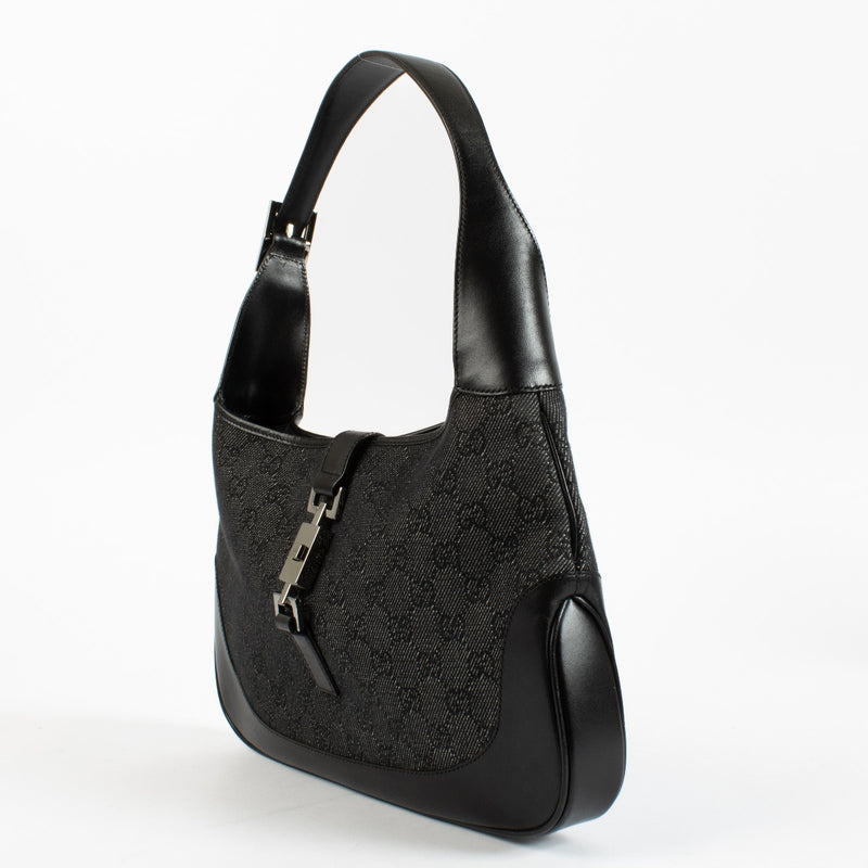 Authentic pre-loved Gucci Jackie Black GG Monogram Canvas Leather Shoulder Bag on Labellov.com